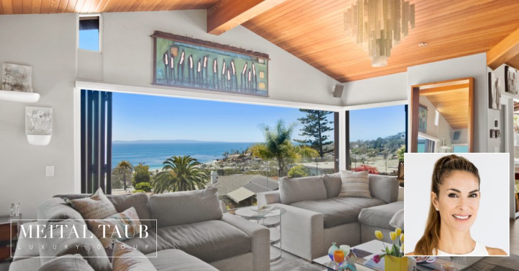 Top Luxury Real Estate Agent Meital Taub Represents Buyer and Seller of $ 4.4 Million Laguna Beach View Home 1 Ocean View Living Room Of 465 Hilledge Dr. In Laguna Beach With First Team Logo And Meital Taub Headshot In Lower Right Hand Corner